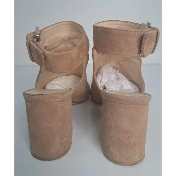 Nine West Tan Suede Leather Chunky Heels Size 7M Jazzyo Open Toe Ankle Buckle - Picture 4 of 8